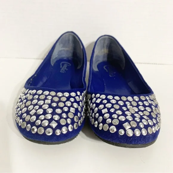 Candies Faux Suede Covered in Silver Toned Studs Rounded Toe Ballet Flats Royal - Picture 5 of 13